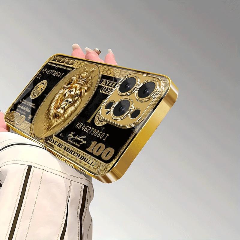 Чехол для телефона со стеклянной задней панелью, золотистый металлик, узор "Лев Богатства", для iPhone 17 16 15 14 13 12 11 Pro Max 15 14 Plus 17 Air 16E