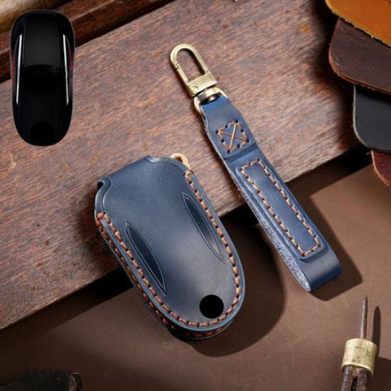 Genuine Leather Car Remote Key Fob Case Cover Keychain Holder For Tesla Model X