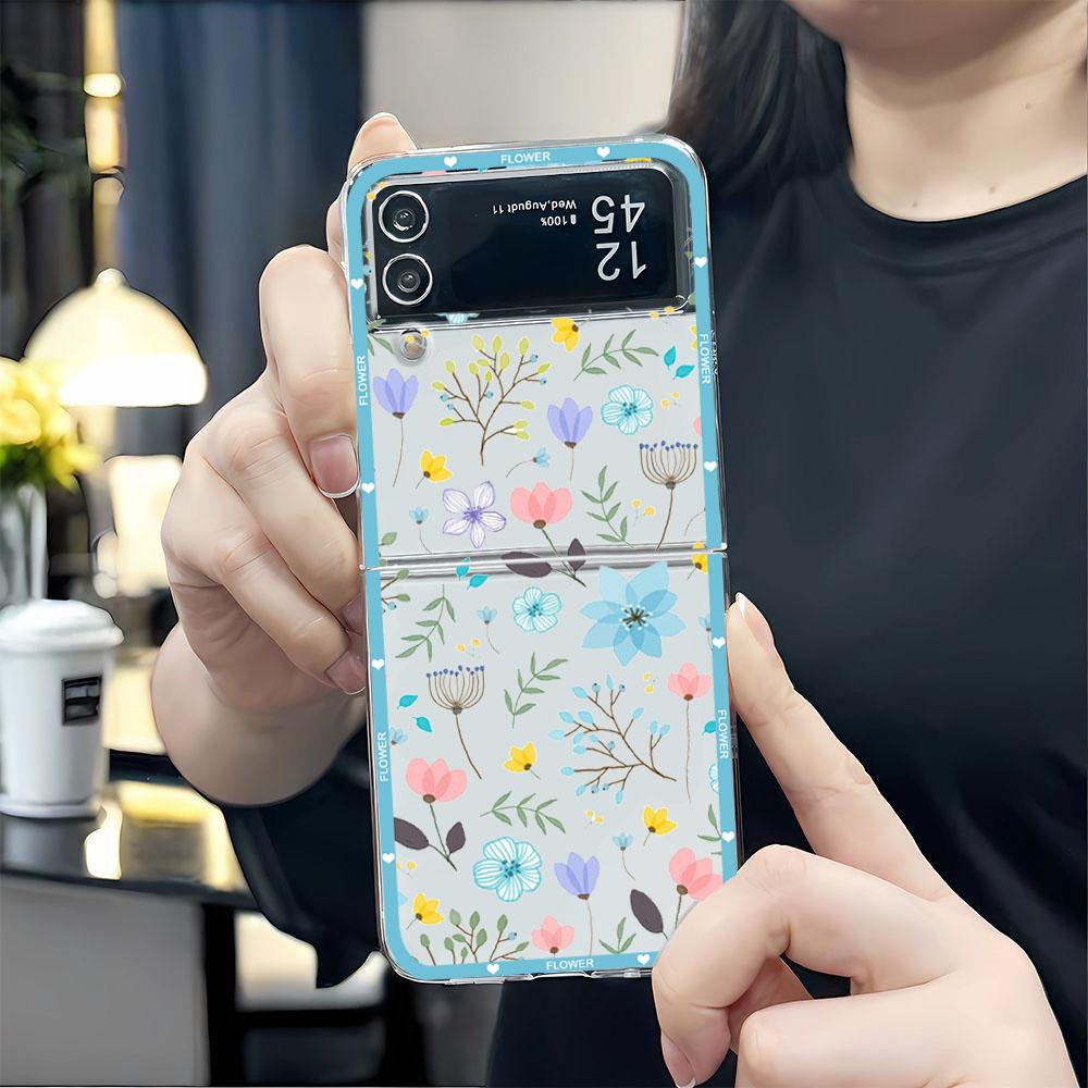Чехол для Samsung Galaxy Z Flip 7 INS Корея Листья Цветок Прозрачная Крышка Телефона для Samsung ZFlip7 Z Flip7 5G Синий Цветочный Чехол