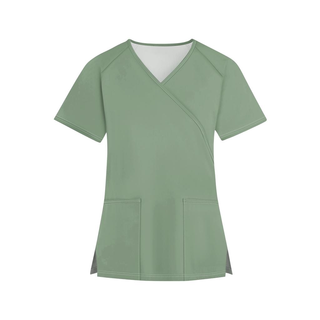 Женская мода однотонная рабочая одежда с v-образным вырезом и короткими рукавами с карманами, топы