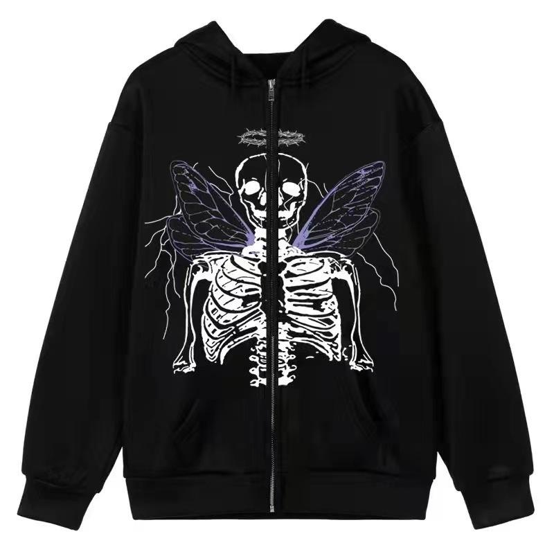 Dark Style Sweatshirt Ladies Hoodie Goth Couple Butterfly Skull Harajuku Large Size Zip Sweater