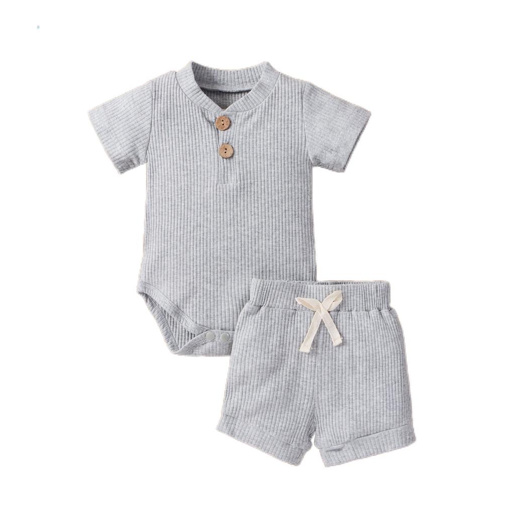 2Pcs Unisex Baby Summer Outfits, Solid Color Ribbed Stand Collar Short Sleeves Romper + Elastic Waist Shorts for Toddler