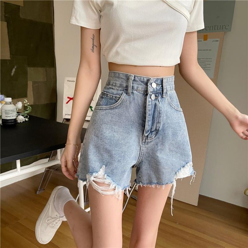 Summer Pants Classic and Minimalist Fashion Versatile Summer Women's Row Buckle High Waist Hole Thin Loose Outside Wear Wide Leg A Word Denim Shorts