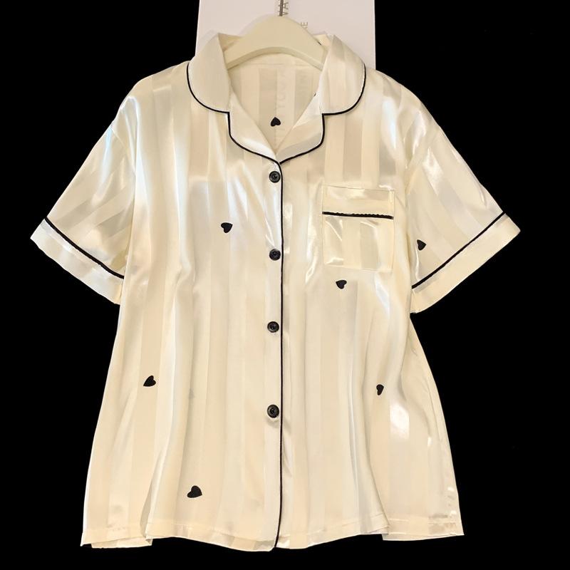 Summer ice silk short-sleeved pajamas women's stripes can be worn outside loungewear comfortable love casual suit real shot