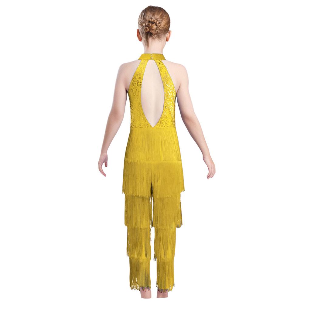 Girls Halter Sleeveless Backless Sequin Tiered Tassel Dance Jumpsuit Cha cha Latin Costume