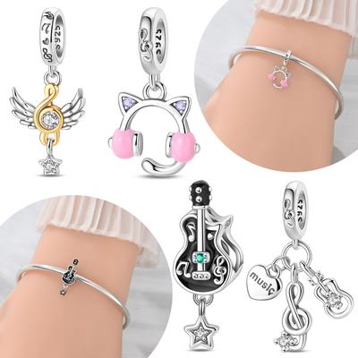 Оригинальная медная черная подвеска в виде ноты для гитары, розовые наушники, крылья, бусина, подходит для женского браслета, сделай сам, ювелирное изделие, подарок на День святого Валентина