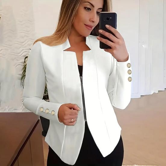 Весенне-осенний деловой костюм, пальто с зубчатым воротником и длинными рукавами на молнии, пиджак, однотонная приталенная верхняя одежда