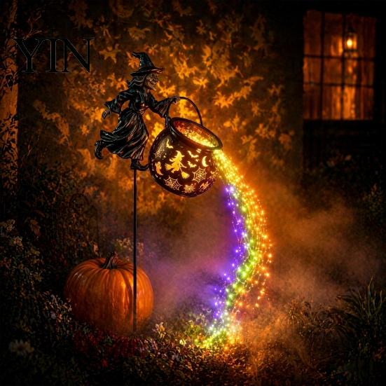 Halloween Porch Path Lighting Witch Cauldron Yard Light, Flying Silhouette Garden Stake with Colorful Dynamic LED Swirling Brew Light LED, Spooky