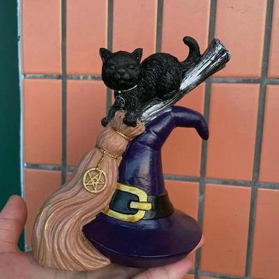 Черная кошка метла смола поделки стол искусство подарок домашний декор статуэтка Хэллоуин настольные украшения