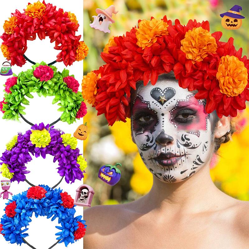 1Pc Day Of The Dead Artificial Marigold Hair Band Faux Chrysanthemum Headband Halloween Festival Party Flower Crown For Women