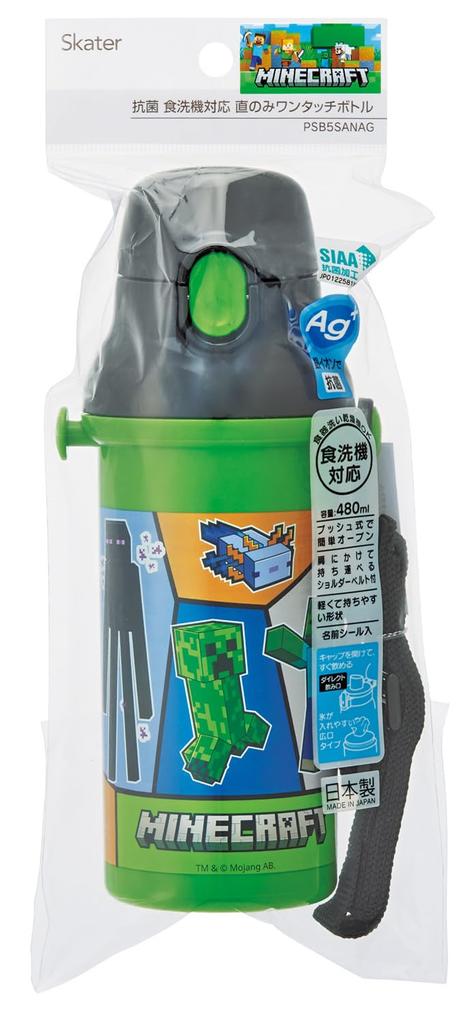 Skater Пластиковая бутылка для воды 480 мл, одно нажатие, антибактериальная, подходит для детей, легкая, антибактериальная обработка, сделано в Японии, Minecraft 25, Minecraft для мальчиков