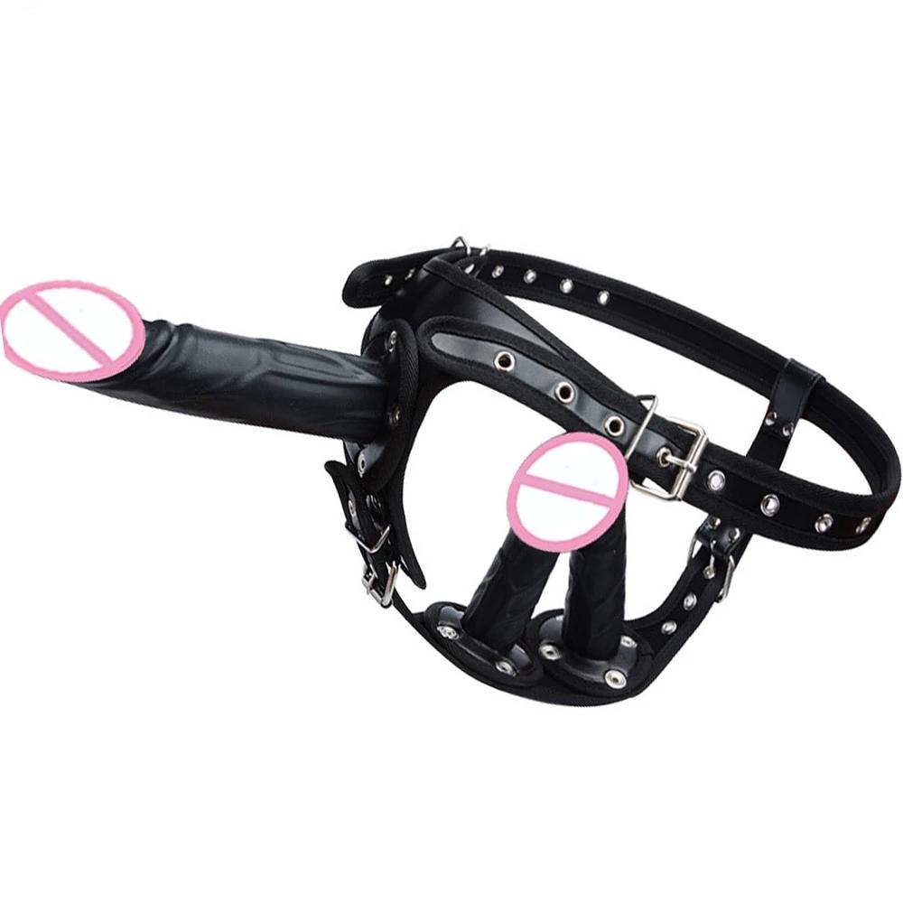 Big Fantasy Harness Triple Dildos Pegging Kit Red Black Strapon Strap Ons
