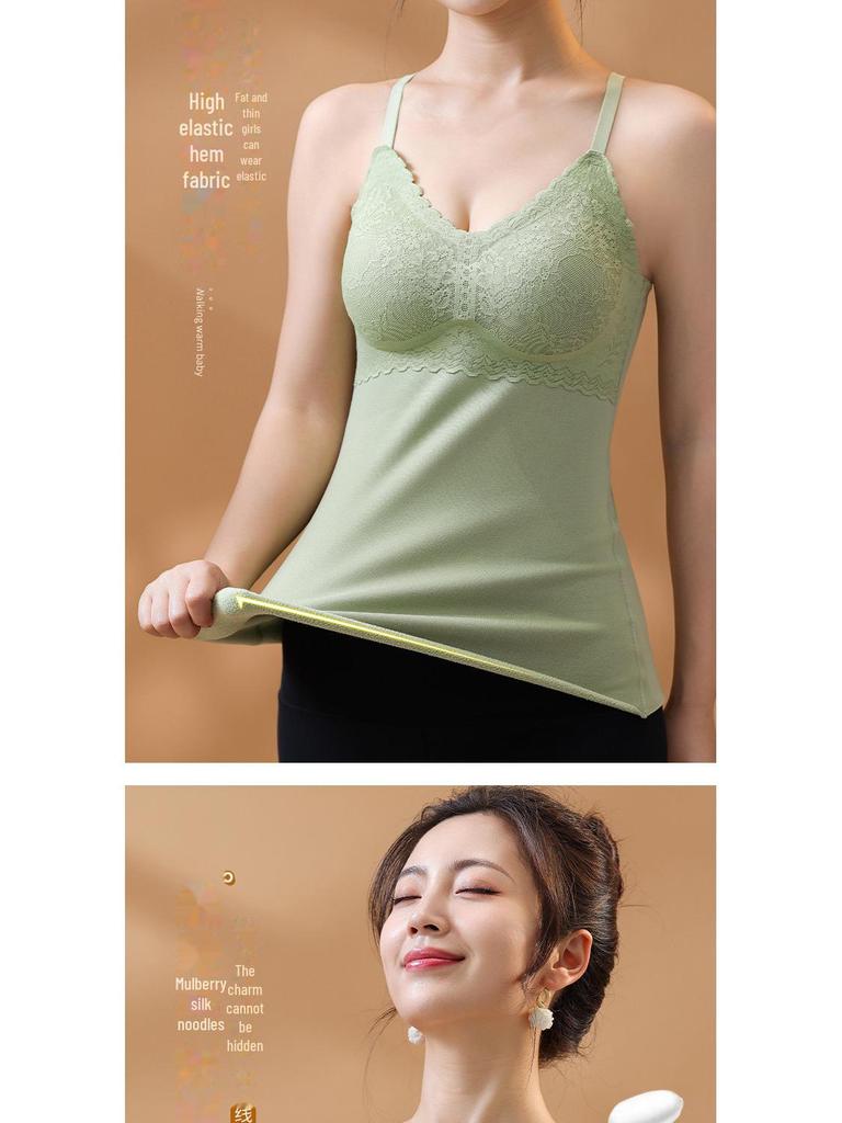 Женский двухсторонний бархатный жилет-комбинезон с нагрудными накладками, подкладкой из шелкового кашемира и бесшовным кружевным термобельем