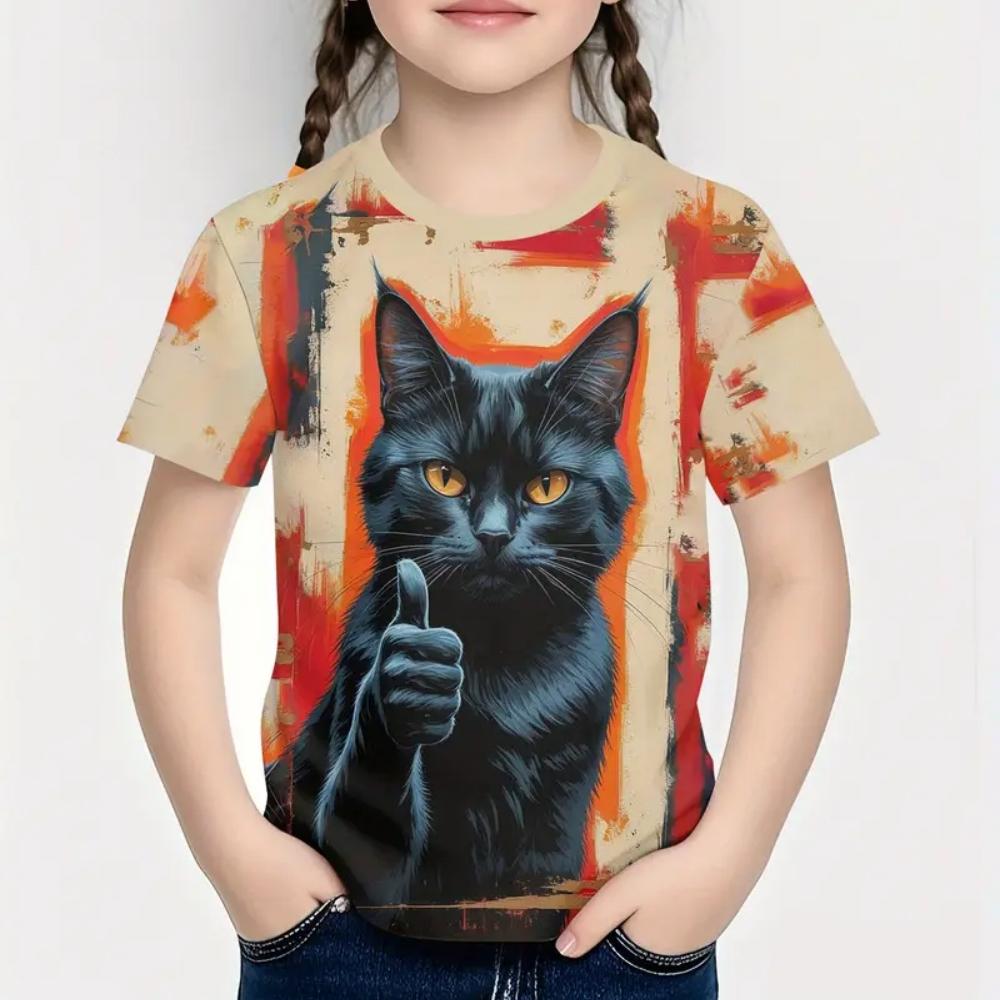 Cat casual comfortable pattern T-shirt printed with cute and interesting summer streetwear, photo girl T-shirt