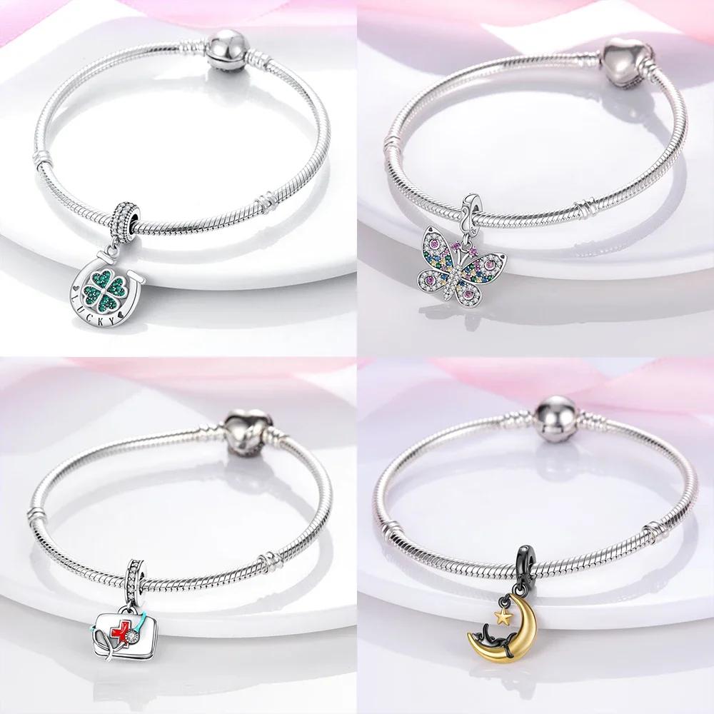 Изысканные Элегантные Медные Шармы Кошка Луна Любовь Сердце Бусины Подходят для Оригинального Браслета Пан Изготовление Для Женщин Ювелирные Изделия Модный Подвеска