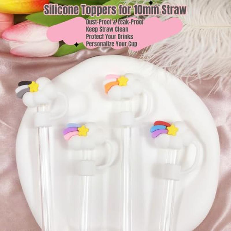 3D Crown Cloud Straw Toppers Rainbow Cloud Straw Covers, Soft Silicone 0.4in/10mm Straws Accessories with Stanley Cup 40Oz