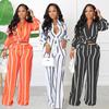 European & American Women's Striped Two-Piece Set: Long Sleeve Shirt & Pants
