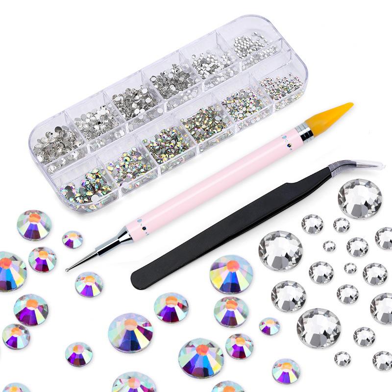 12gird Multisize New Box Nail Rhinestones 3d Crystal Ab Glass Diy Nail Art Decorations Set Diamond Gem 3d Glitter Nail Beauty