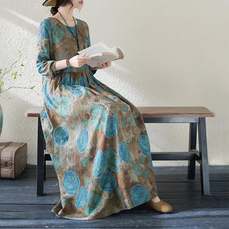 Весна Осень Цветочный Принт Круглый Вырез Ретро Свободное Длинное Платье Длинный Рукав Хлопок Льняное Платье Женская Одежда