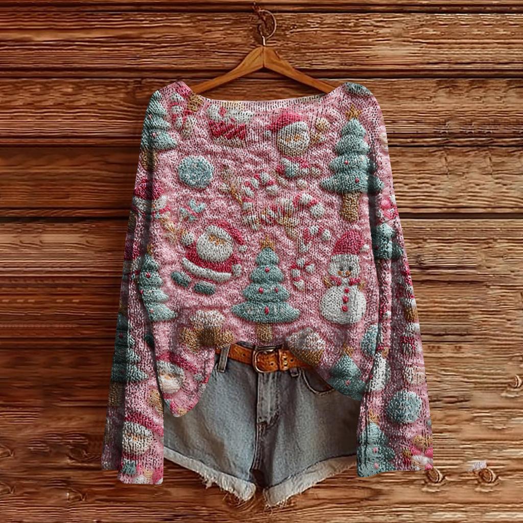 Women's Christmas Print Lightweight Sweater Casual Long Sleeve Knitted Pullover