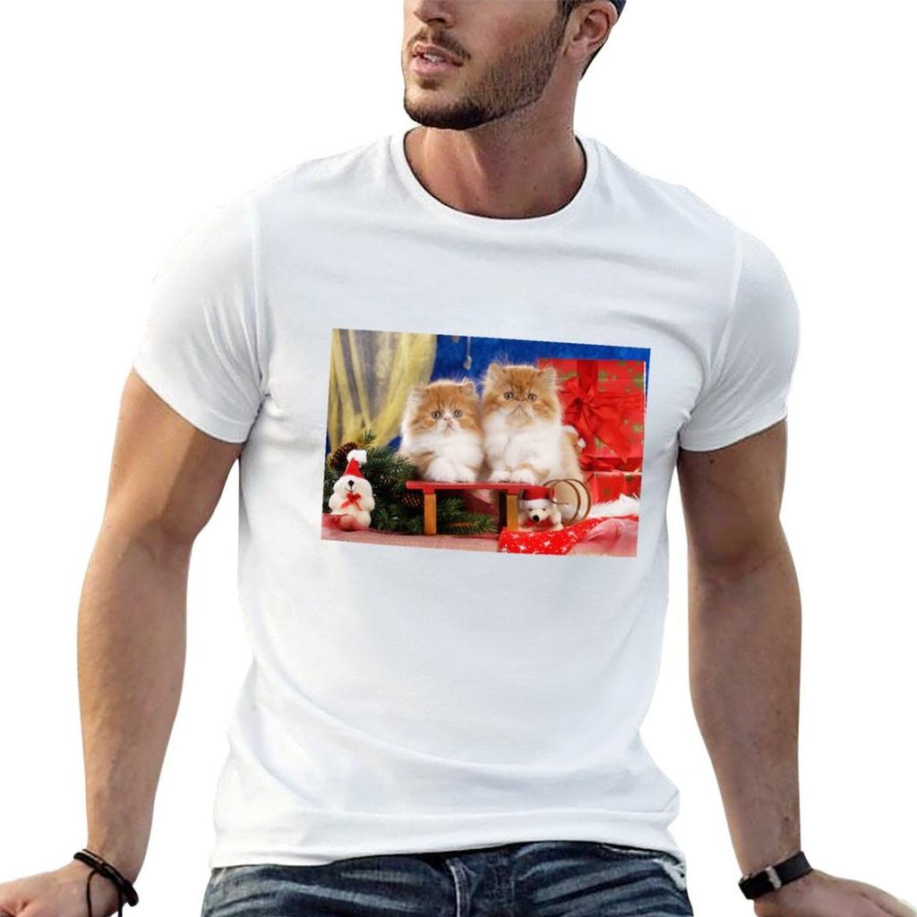 Cute Persian Kittens Wish Merry Christmas Animal Cats Puzzle T-Shirt Large Size Tee