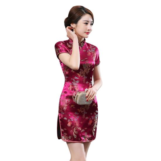 Women Chinese Dragon Phoenix Embroidery High Neck Short Sleeve Split Mini Dress