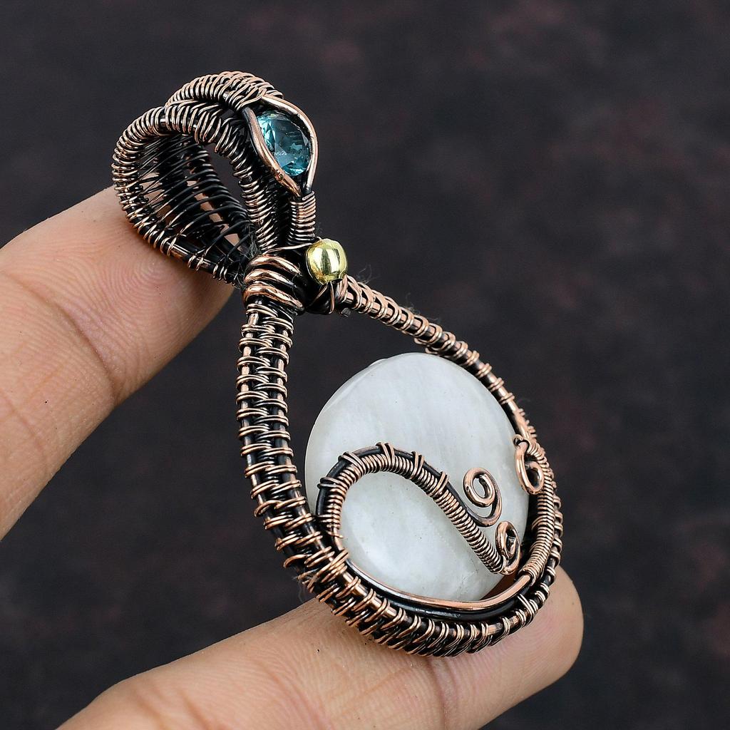 Подвеска Rainbow Moonstone, подвеска из медной проволоки, подвеска Swiss Blue Topaz, ручная работа, медные украшения, подарок для нее, подвеска из настоящего драгоценного камня