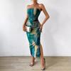 A Women's Strapless Slimming Dress with Side Slits and Tie-dyed Backless Sexy and Body-hugging Dress