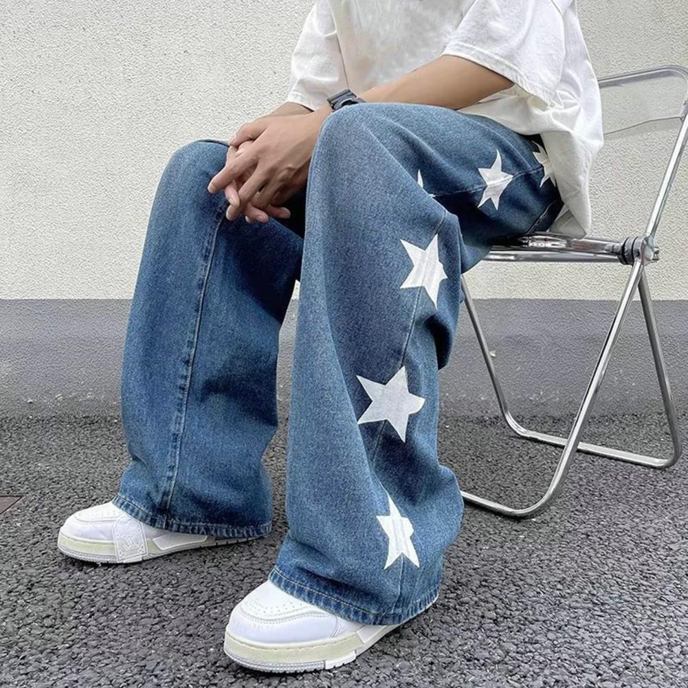 Men Jeans Wide Leg Straight Loose Star Print Full Length Solid Color Pockets Button Zipper Closure Soft Retro Streetwear Men Lon