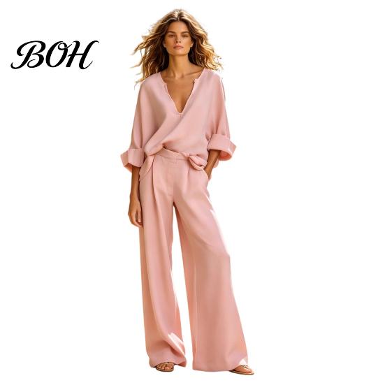 Versatile Casual Women Suit Women's 2 Piece Cotton Linen Set, Long Sleeve V Neck Blouse Comfortable Outfit And Wide Leg Pants Matching Summer Vacation