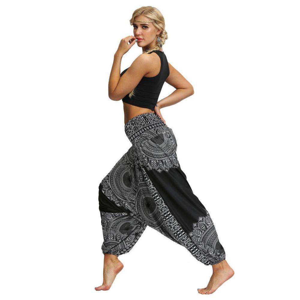 Qii-Leggings Women Casual Loose Yoga Trousers Baggy Boho Aladdin Jumpsuit Pants