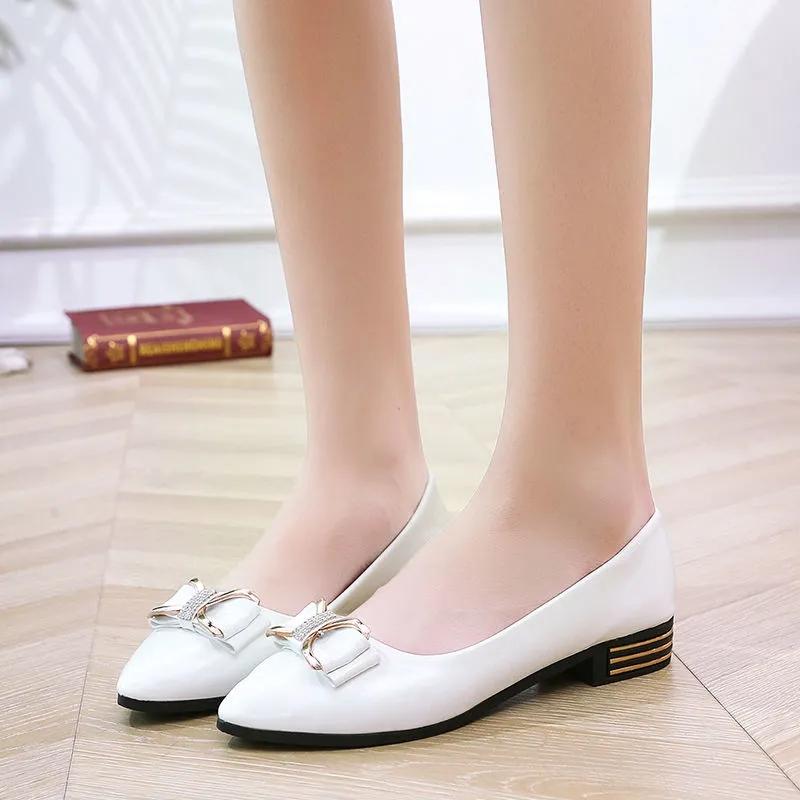 Heel Bow Knot Pumps Low Lacquer Leather Glossy Surface Womens Pointed Toe Shallow Mouth Slipon Simple Casual Commuting Work Shoes