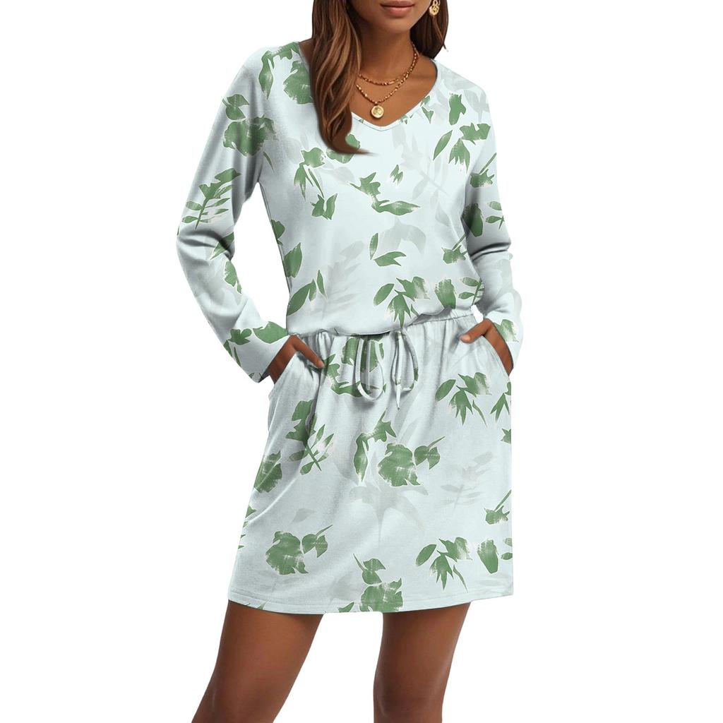 Женские модные платья с V-образным вырезом, длинным рукавом, кулиской, карманом и цветочным принтом, повседневные
