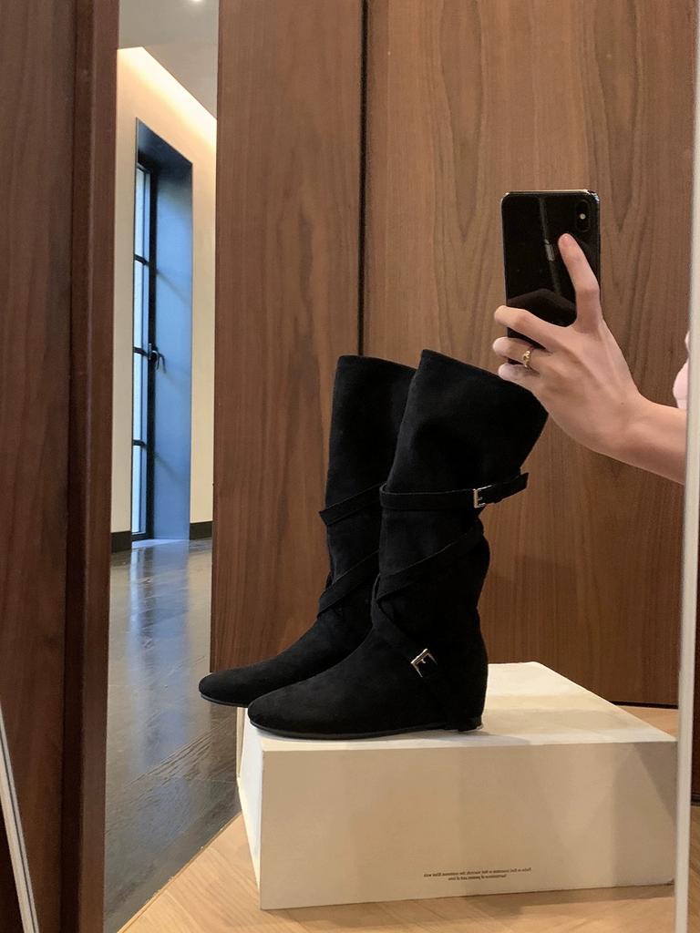 Norway Pile Boots~ 5cm Inner Height Increase Cross Buckle Medium Height Cowboy Boots Women's Western Boots Retro Knight Boots