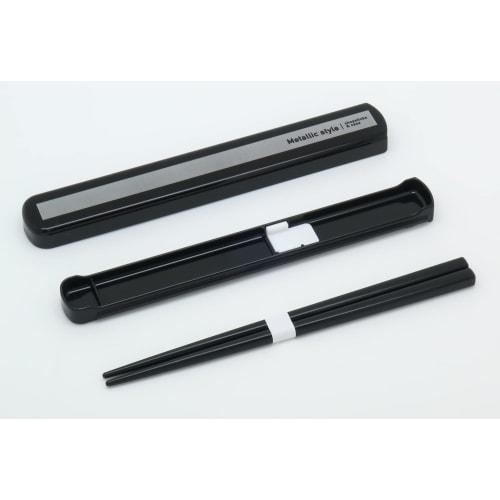 OSK Bento Chopsticks and Cutlery Set, Metallic Style, Pull-Lid Chopstick Case, Black, Made in Japan, HS-16