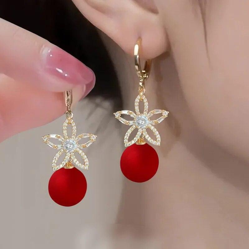 Fashion Vintage Mermaid Pearl Flower Hoop Earrings for Women Elegant Shiny Zircon Drop Dangle Earring Wedding Jewelry Gifts