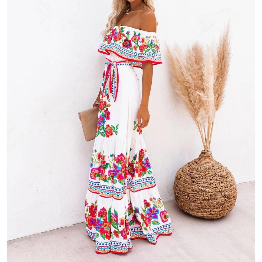 Bohemian Slash Neck Dresses Women Floral Print Waist Elegant Floor-length Dress Retro Clothing