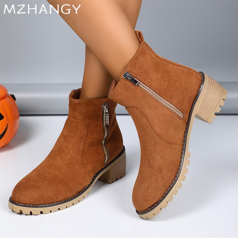 Женские замшевые ботильоны на среднем каблуке, дизайнерская обувь, массивные женские туфли 2024 года, модные короткие ботинки «Челси», зимние туфли-лодочки, новые женские ботинки