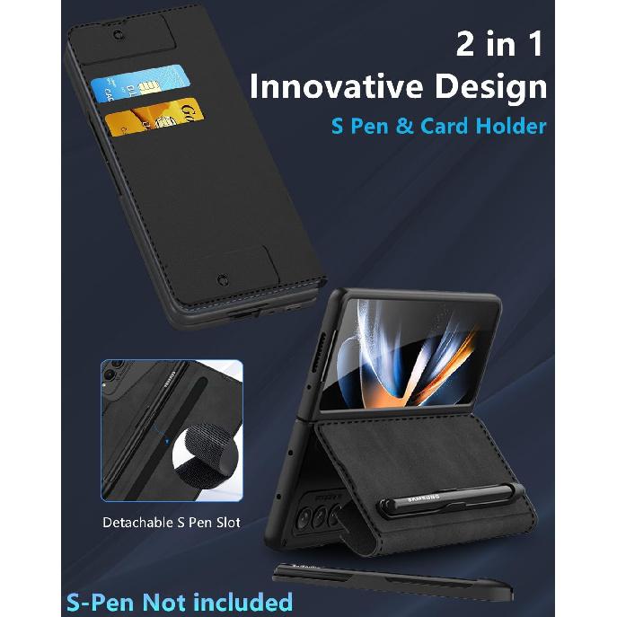 for Samsung Galaxy Z Fold 4 Case [with S Pen Holder & Card Holder][Kickstand for Full Screen Viewing][Wireless Charging Protective Cover] Slim PU