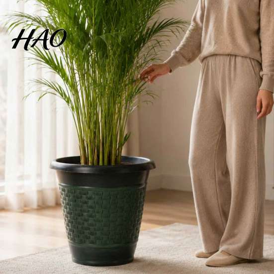 Resistant to Sun Exposure Pots 12" Planter Pot with Saucer, Thickened Plastic Anti-Aging Flower Drainage Decorative Woven Texture Planters Holes,