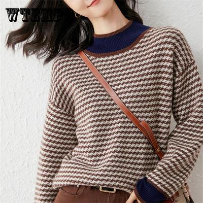 Женский свитер в гусиную лапку, осенне-зимняя мода, свободный пуловер с полувысоким воротником