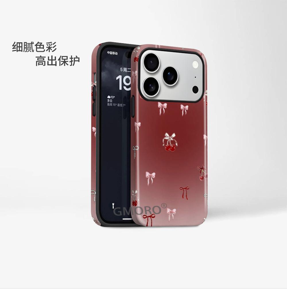 Burgundy gradual change cherry bow mobile phone case Apple 13 two-in-one film case iPhone17 magnetic protective case
