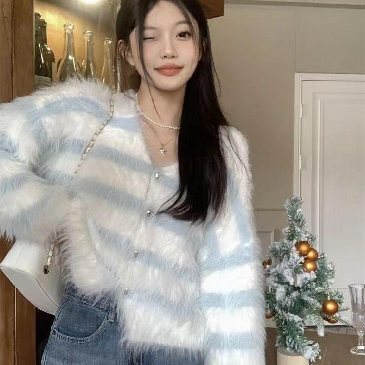 Кардиган, женский свитер, новинка 2023 года, арктический бархатный вязаный кардиган, свитер с v-образным вырезом и длинными рукавами, ленивый свитер, кардиган, женский топ