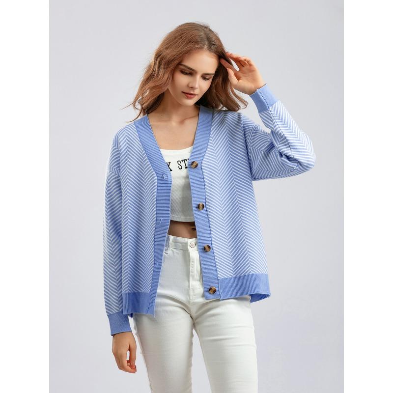 Autumn Women's Cardigan Sweater Women V-Neck Color Collision Loose Striped Sweater Jacket Long Sleeve Top