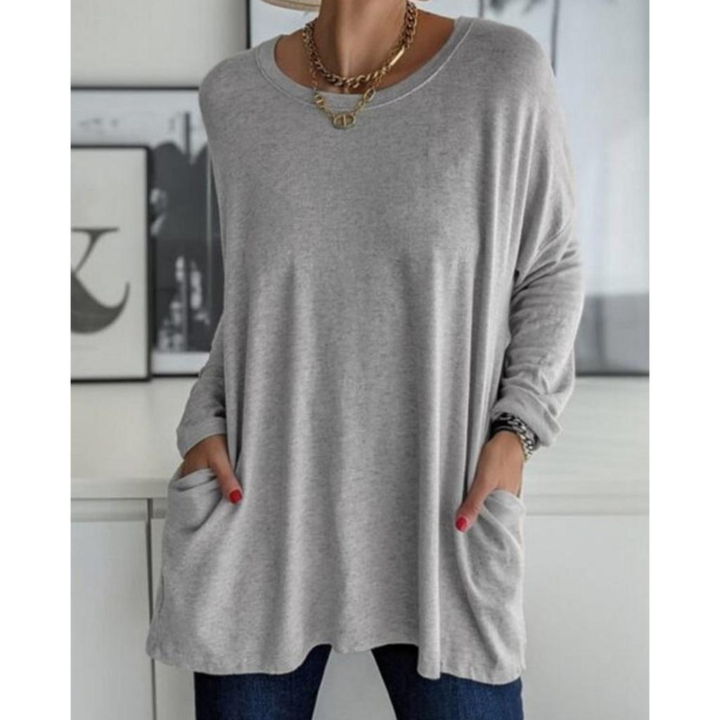 Женская повседневная весенне-летняя туника с карманами, топ с круглым вырезом, рубашка с длинными рукавами, модная свободная однотонная футболка большого размера