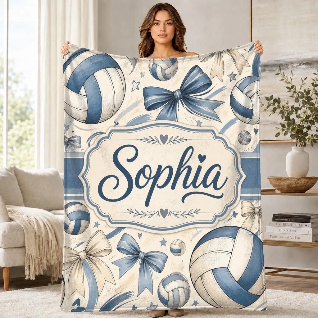 Sophia Volleyballs Bows Coral Fleece Blanket Sports Name Decor