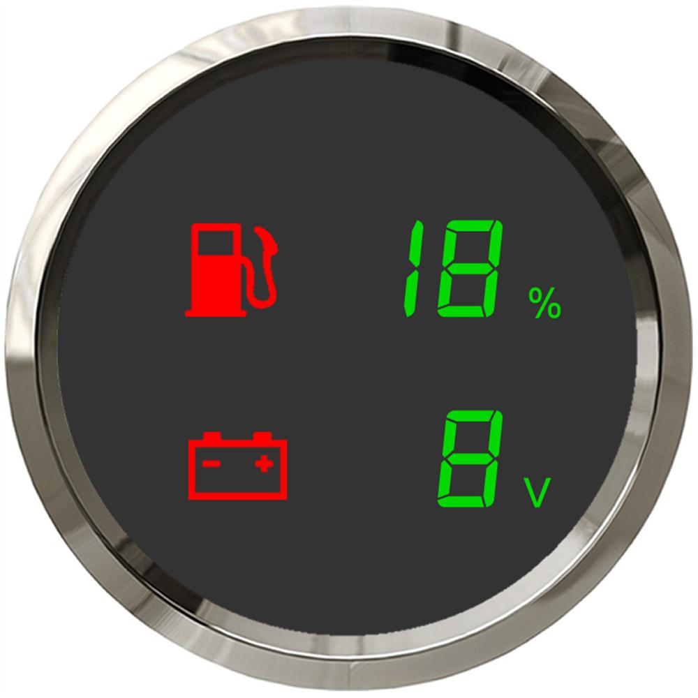 Цифровой светодиодный измеритель 12 В / 24 В, 52 мм, 2 в 1, Напряжение + Уровень топлива, Двойной датчик, Водонепроницаемый
