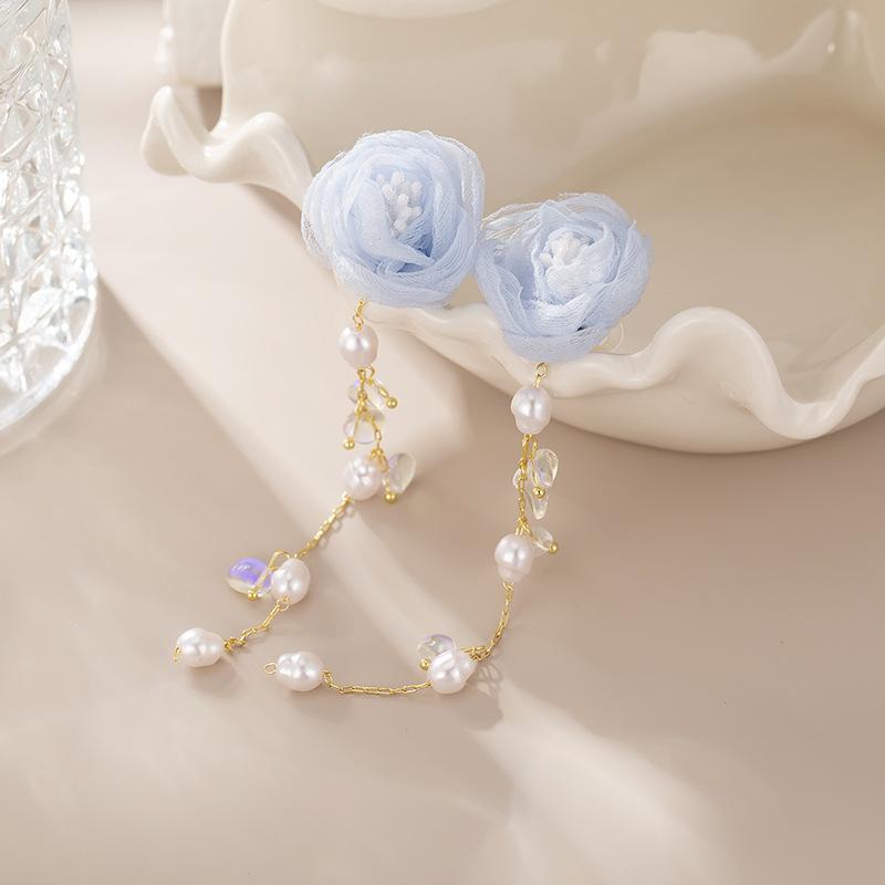 Синий Colth цветок кисточка серьги с имитацией жемчуга катушка от комаров зажим для ушей без пирсинга для женщин