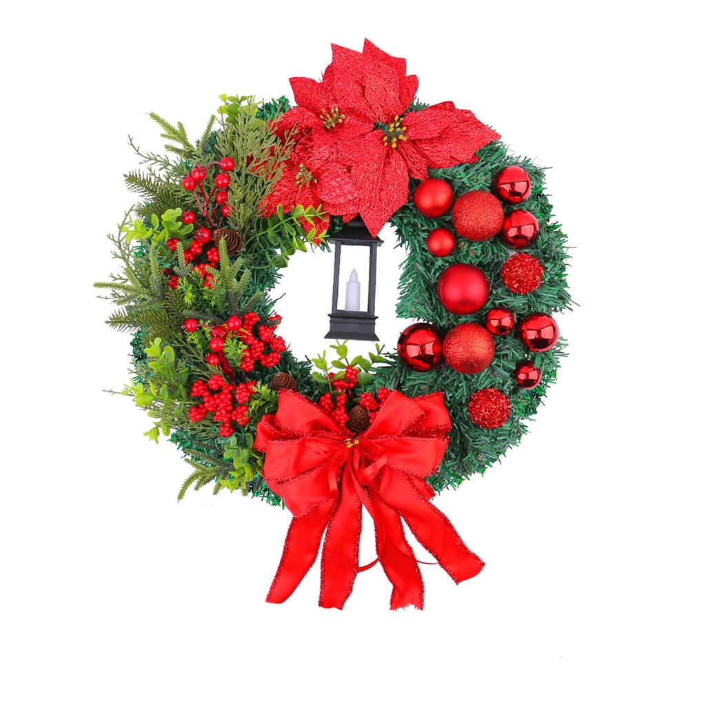 30/40CM Christmas Wreath Elegant Red Christmas Wreath with Warm Lamp Red Round Garland for Window Door Wall Ornament Decor