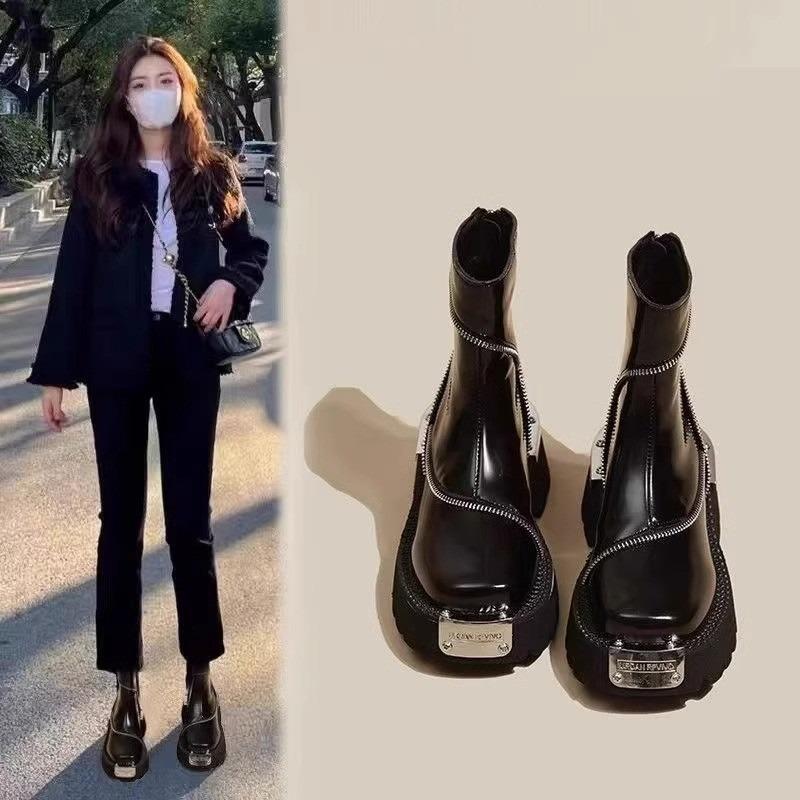 Square Heel Spring/autumn Modern Boots Round Toe Low Heel Ladies Shoes High Quality Solid Zipper Punk Women's Boots